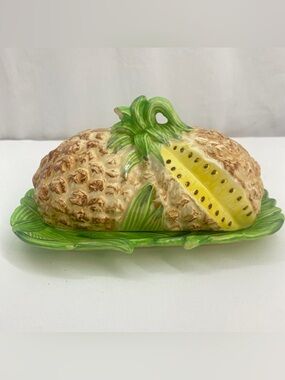 Vintage Ceramic Majolica Style Pineapple Tropical Butter Dish 50-60s Kitschy Mod